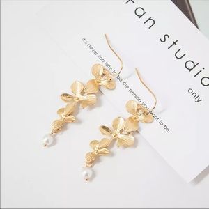 Gold Orchid Flower Dangle Earrings